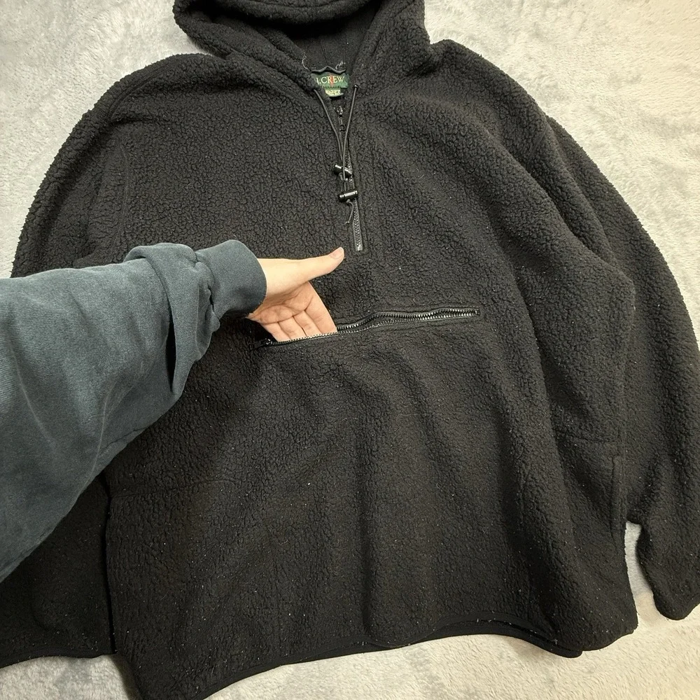 Vintage J Crew Oarsman Sherpa Anorak Mens XXL Black Pullover Hooded 1/4 Zip